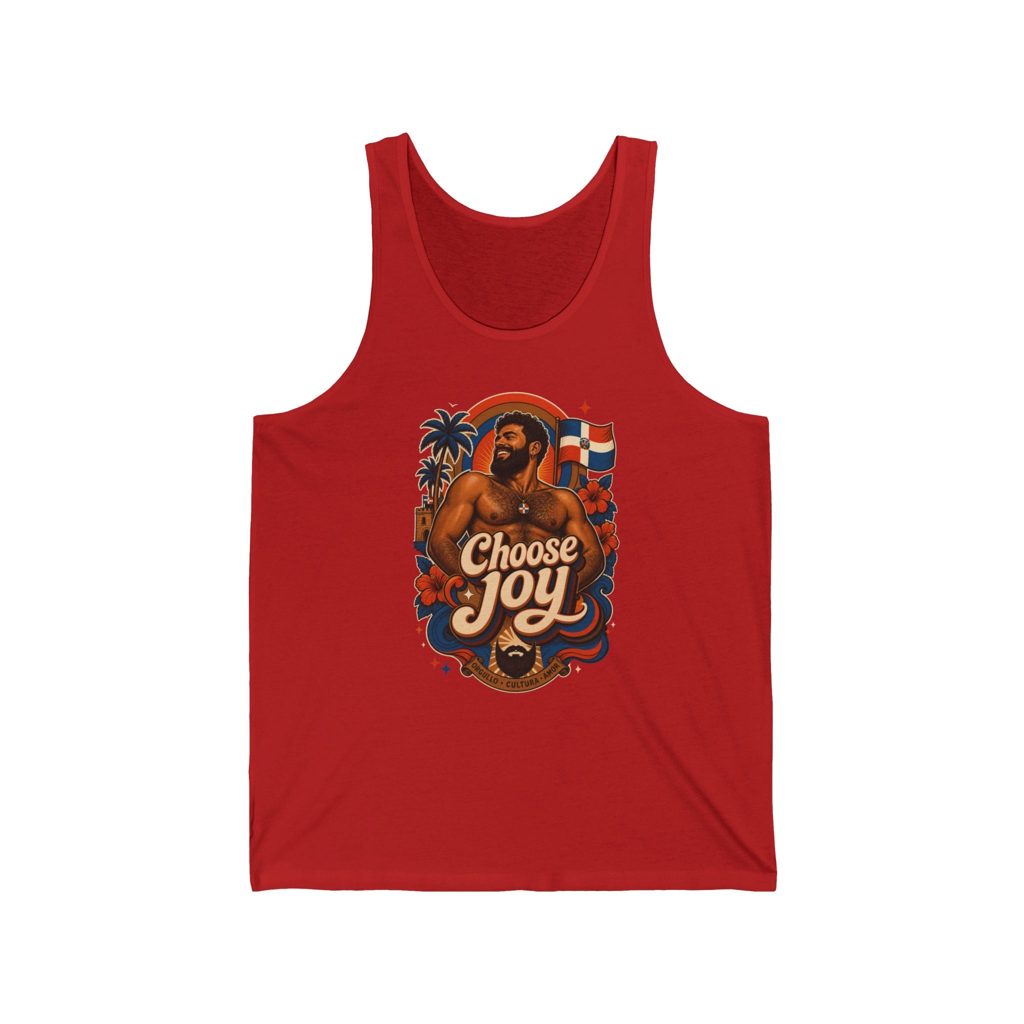 Red tank top with "Choose Joy" and a shirtless man wearing a cross necklace.