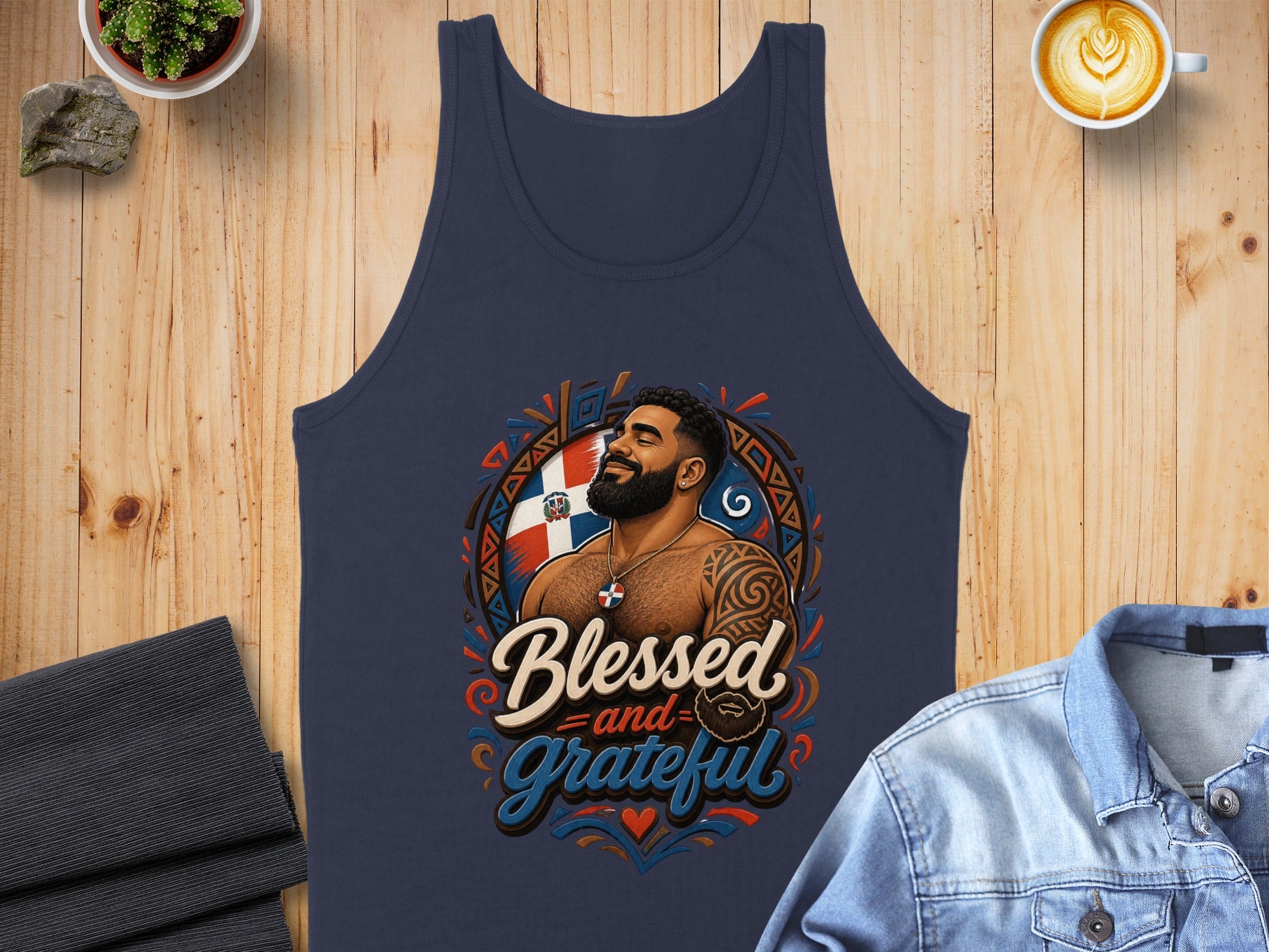 Navy tank top with "Blessed and Grateful" text and Dominican flag motif.