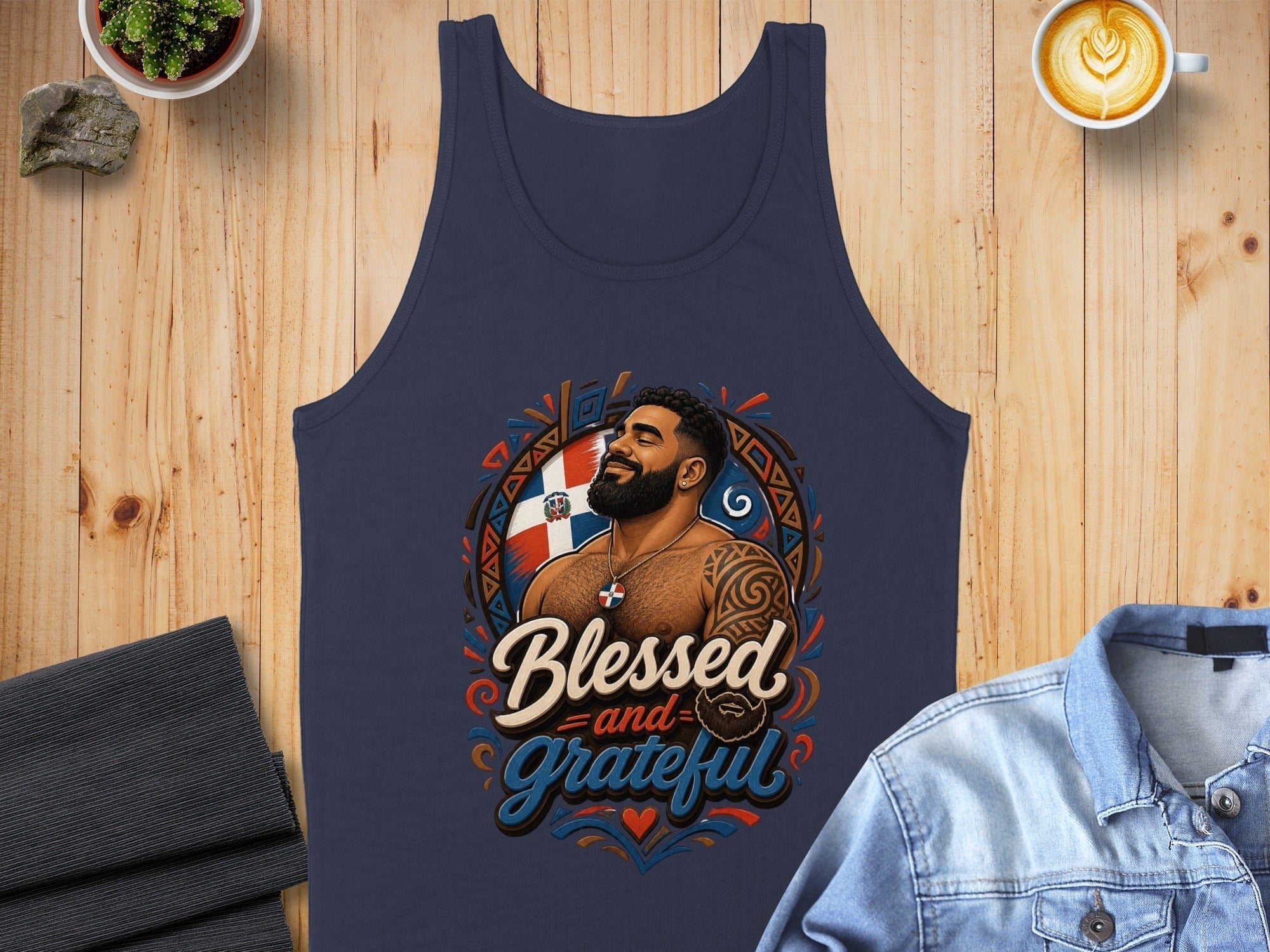 Navy tank top with "Blessed and Grateful" text and Dominican flag motif.