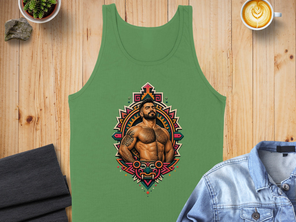 Green men's tank top with colorful chest graphic of muscular man.