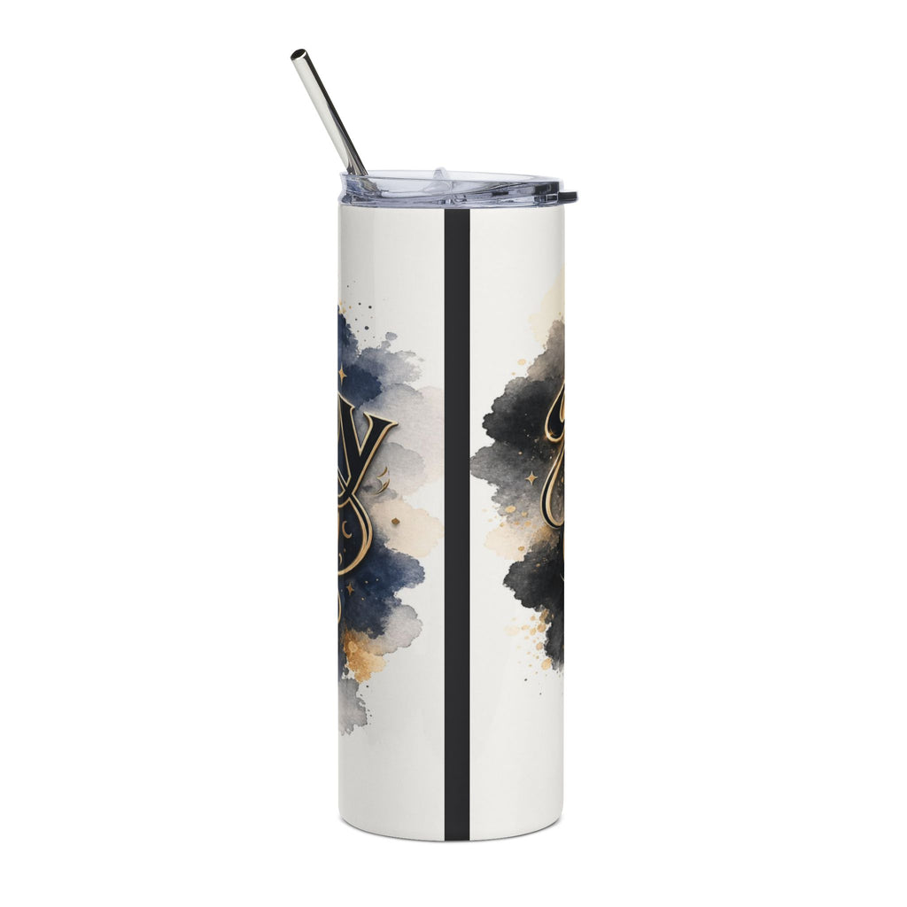 White tumbler with black stripe and watercolor galaxy design, featuring gold lettering.