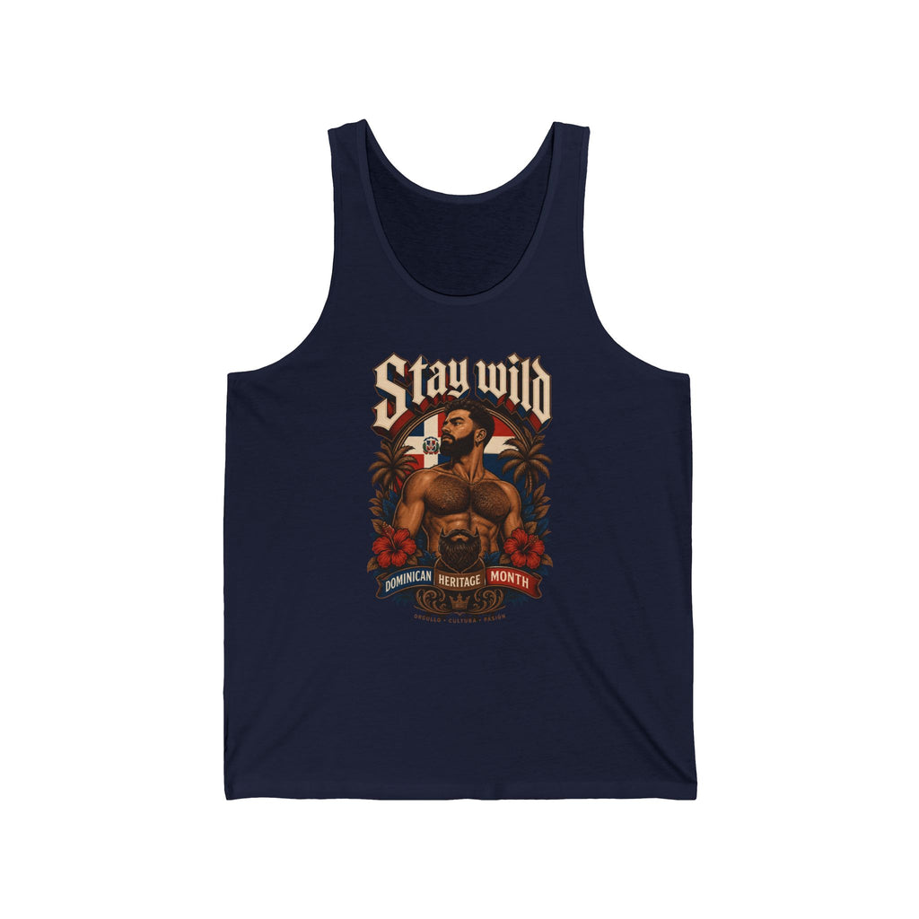 Stay Wild graphic tank top with a man, palms, and flag.