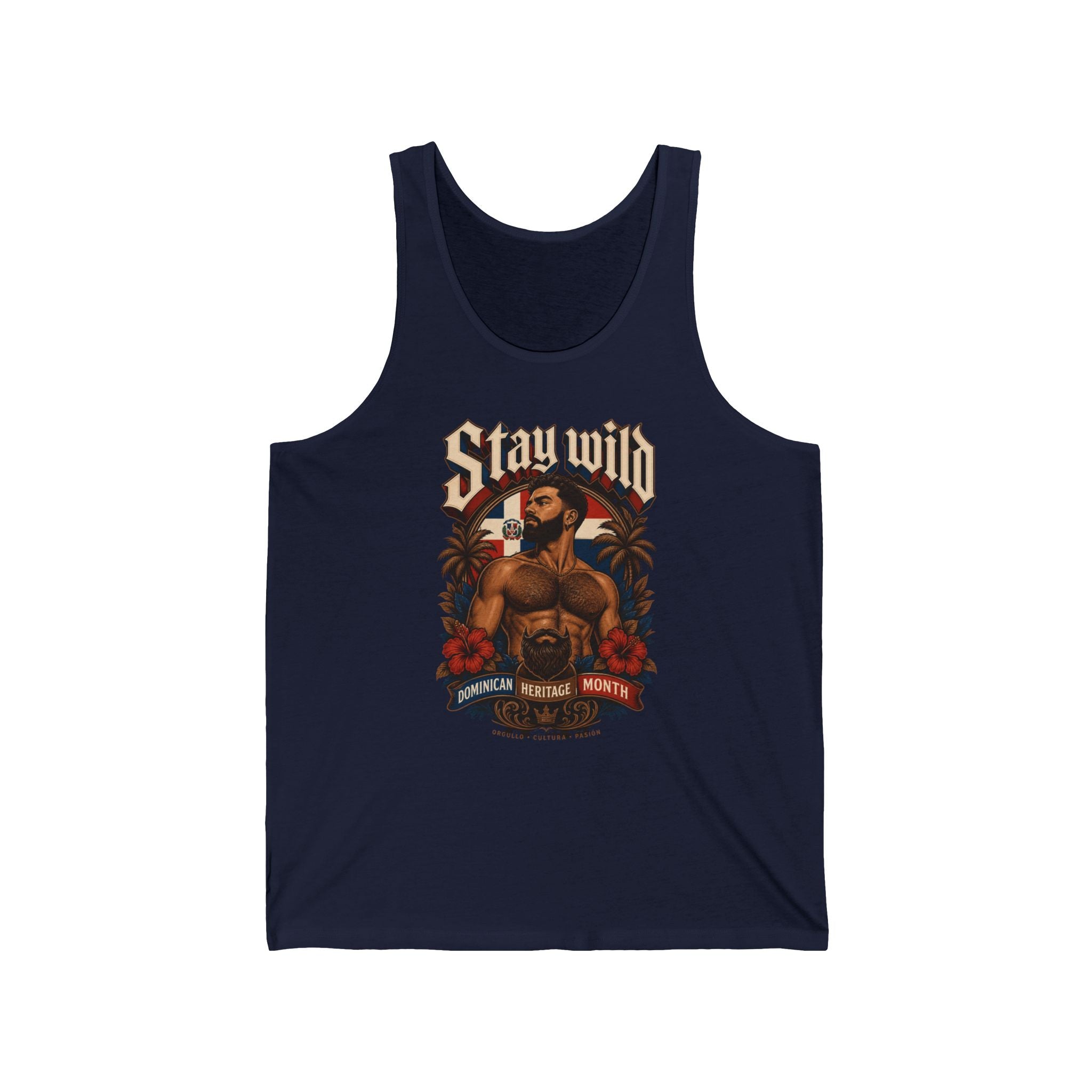 Stay Wild graphic tank top with a man, palms, and flag.