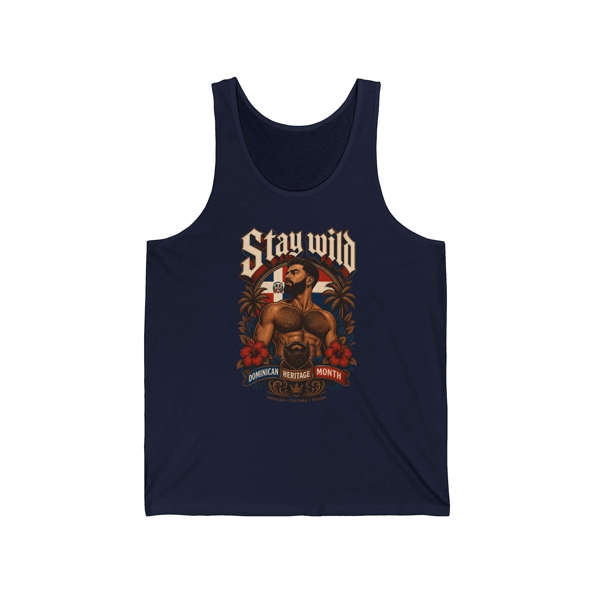 Stay Wild graphic tank top with a man, palms, and flag.