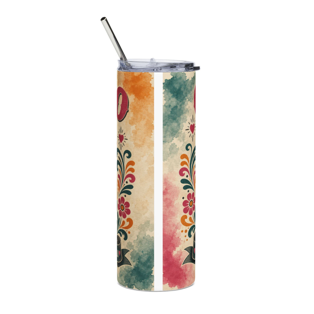Tall tumbler with colorful floral and heart designs, metallic straw.