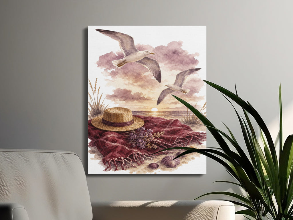 Two seagulls fly over a beach scene with a straw hat and red blanket.