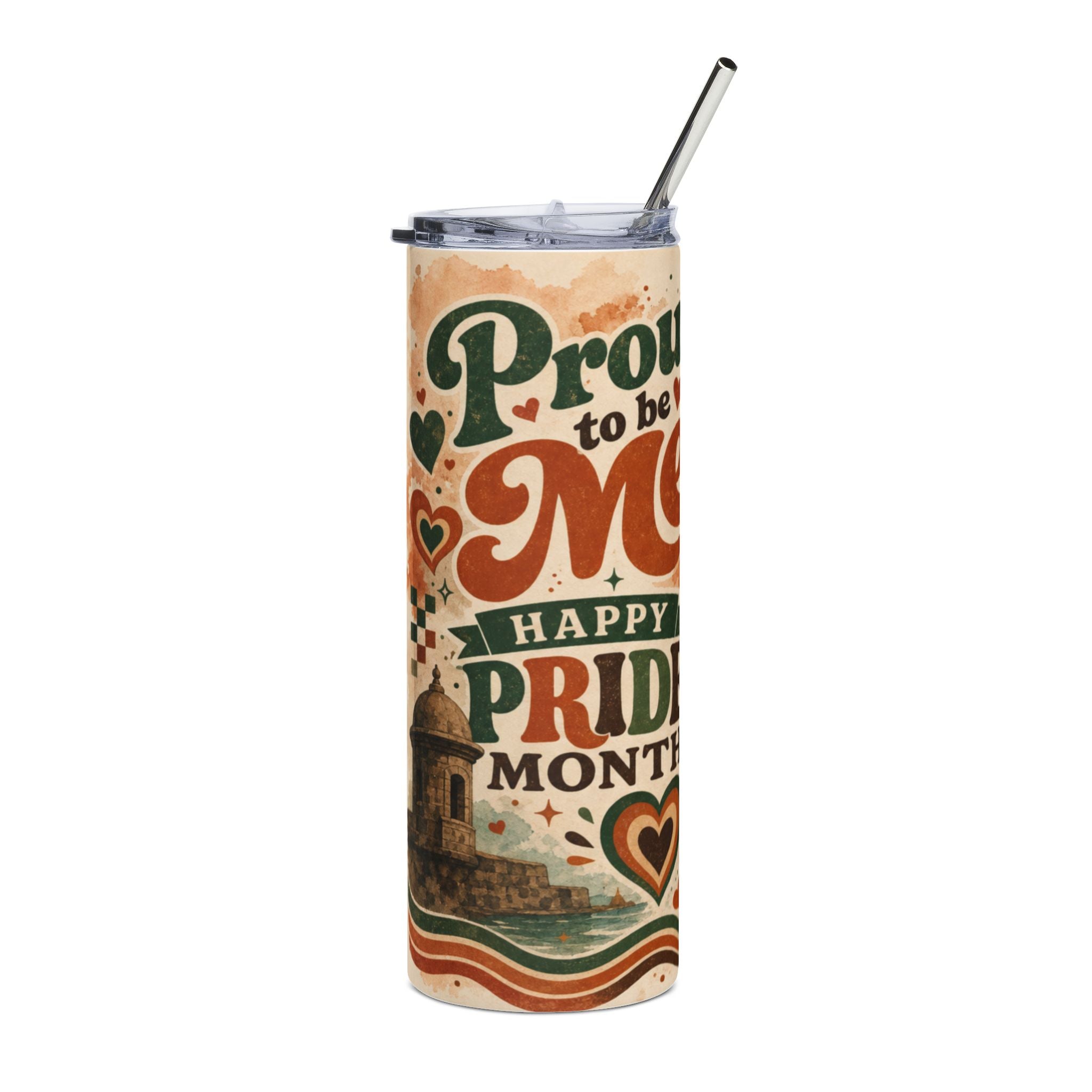 Proud to be Me Happy Pride Month tumbler with castle illustration.