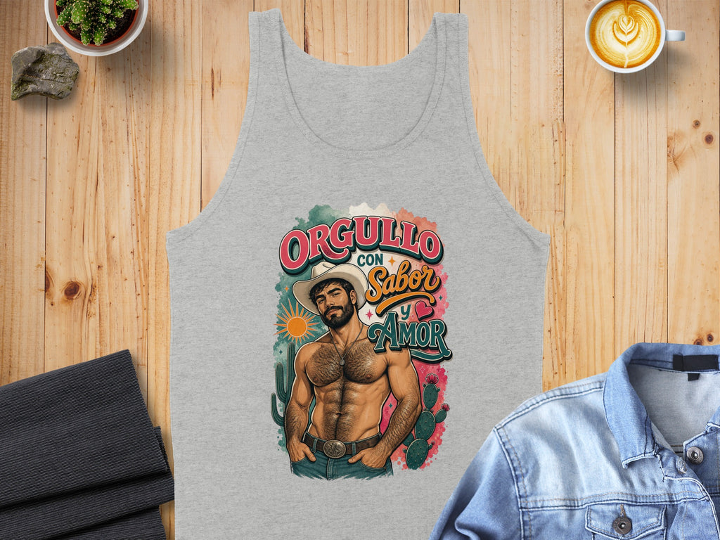 Grey tank top with illustration of man, cacti, and "Orgullo con Sabor y Amor" text.