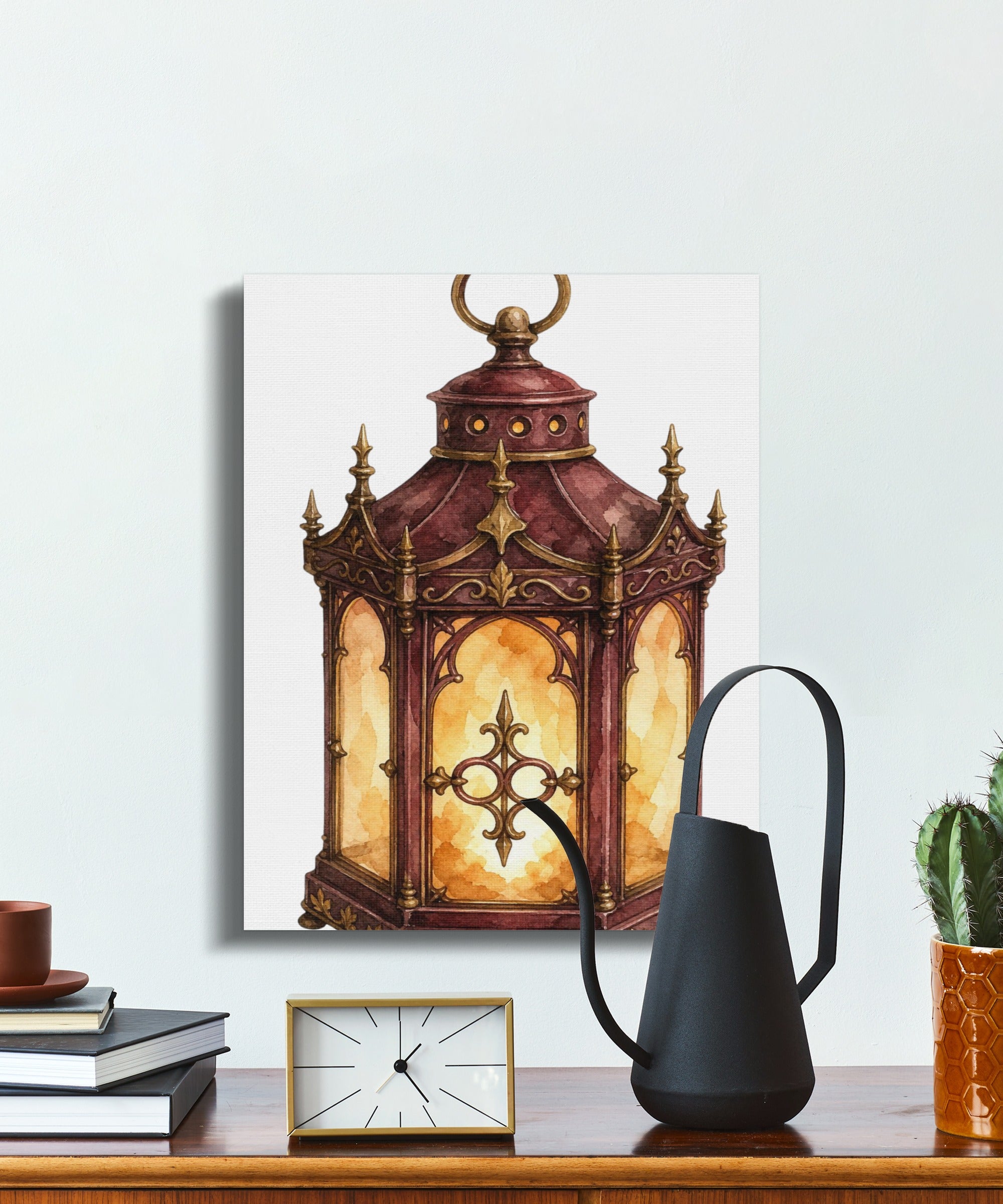 Watercolor painting of a maroon and gold ornate lantern with warm inner light.