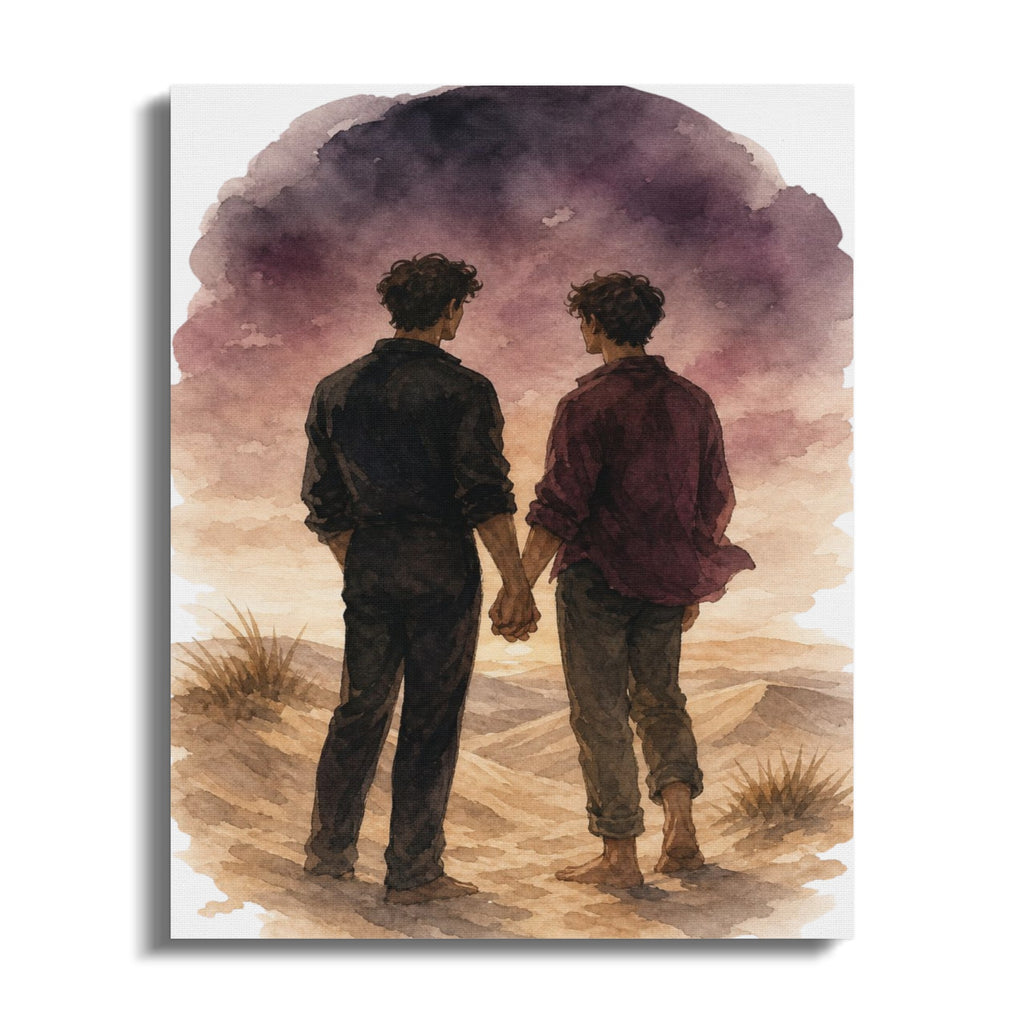 Two men holding hands in a desert landscape under a dramatic sky.