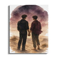Two men holding hands in a desert landscape under a dramatic sky.