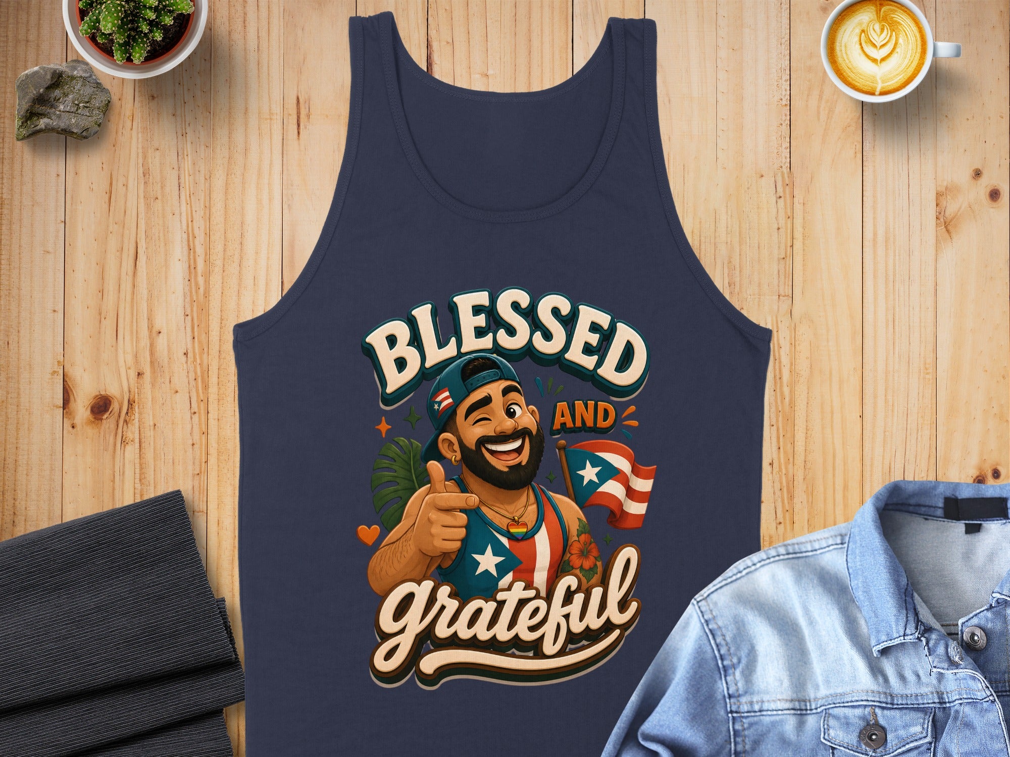 Navy tank top with "Blessed and Grateful" and Puerto Rican flag.