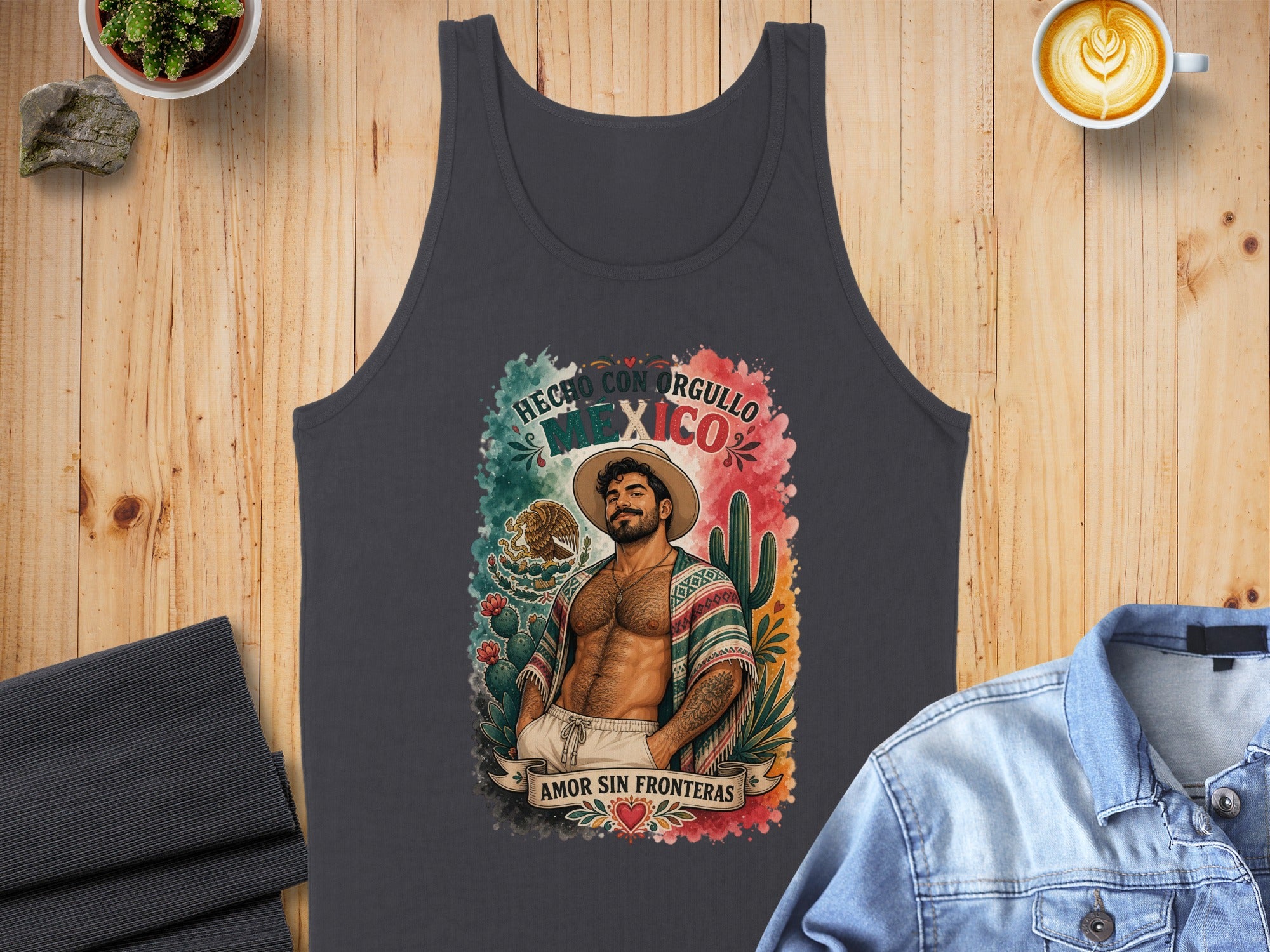 Tank top with a man in a sombrero and colorful poncho, "Hecho con Orgullo Mexico" text.