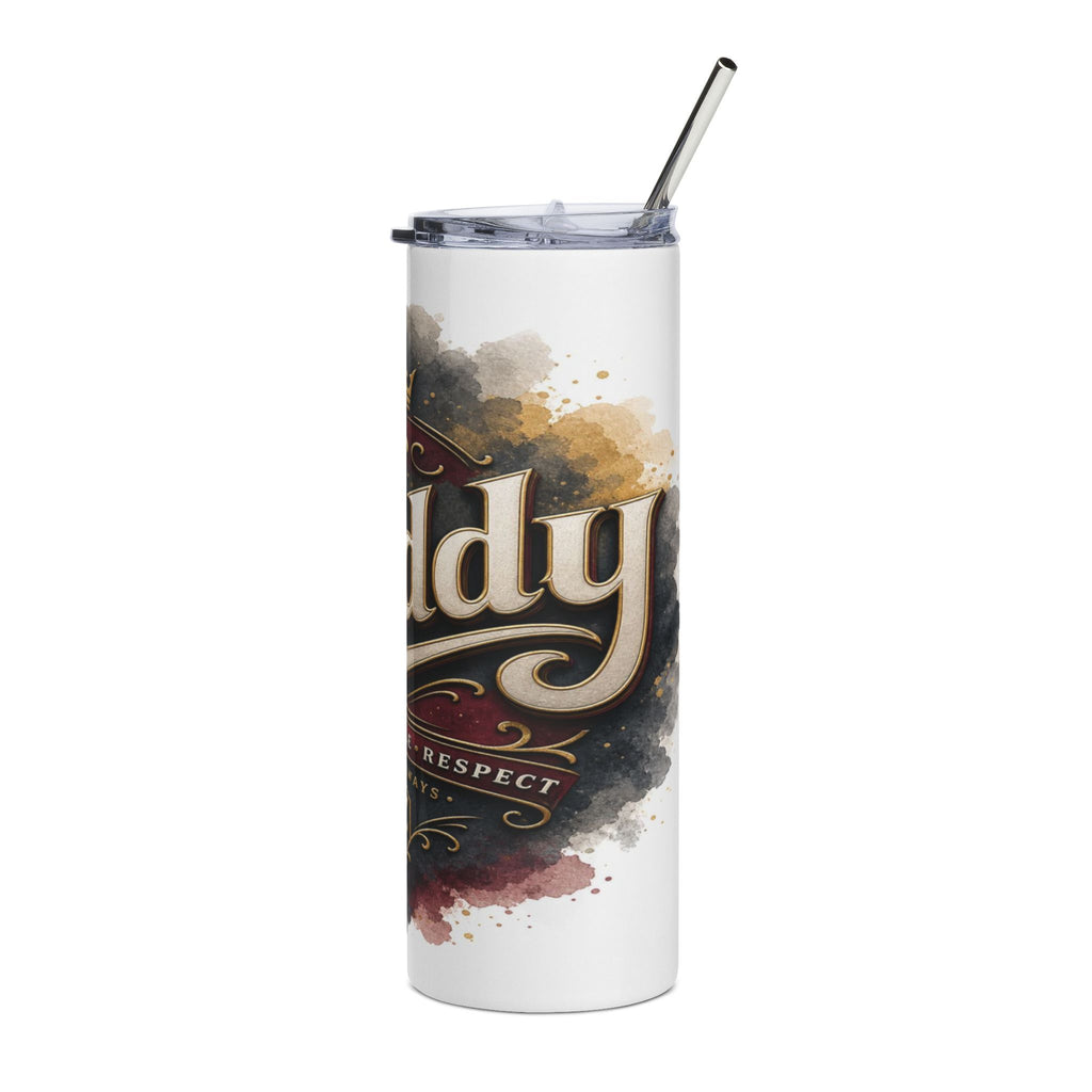 White tumbler with metal straw and "dy" text with watercolor splash.