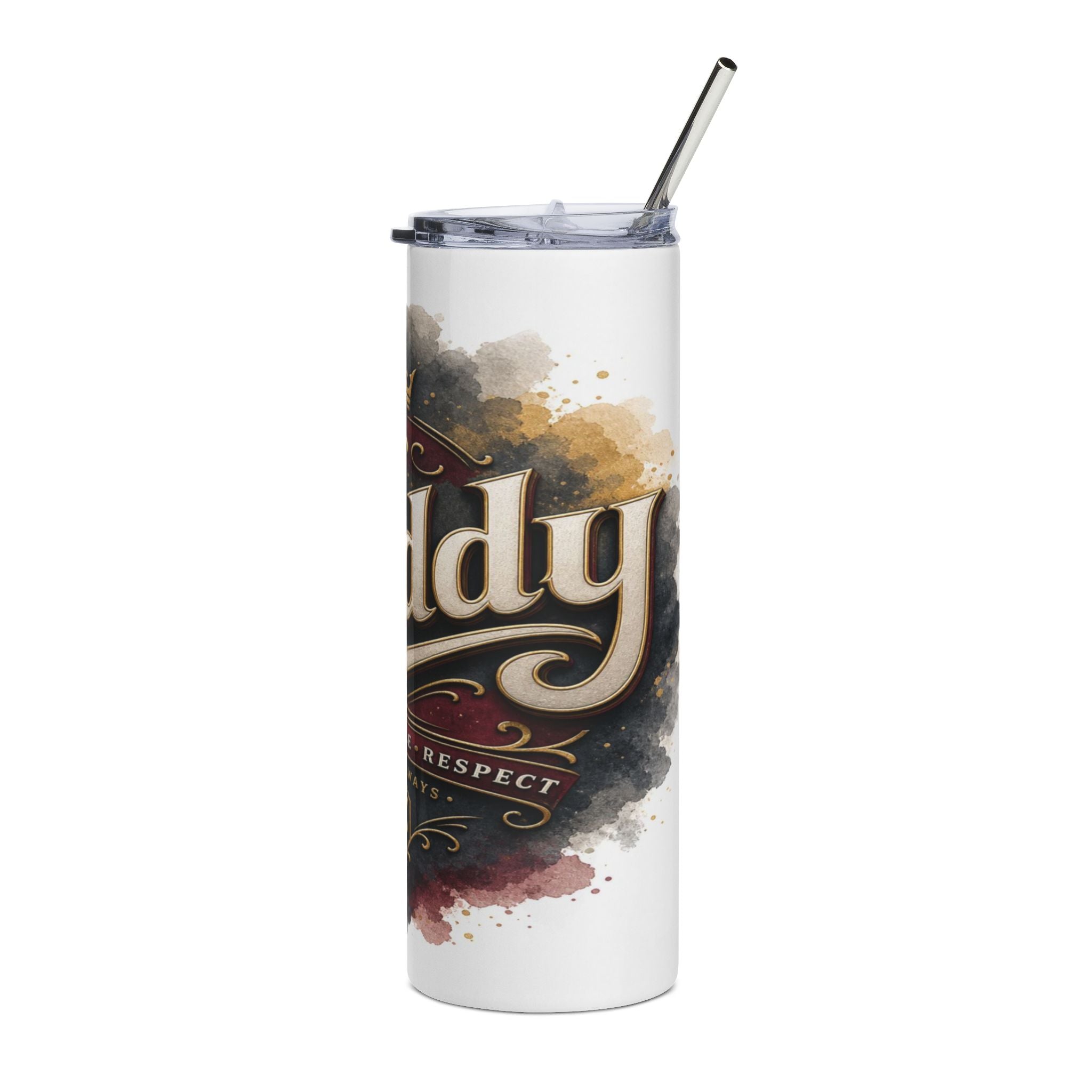 White tumbler with metal straw and "dy" text with watercolor splash.
