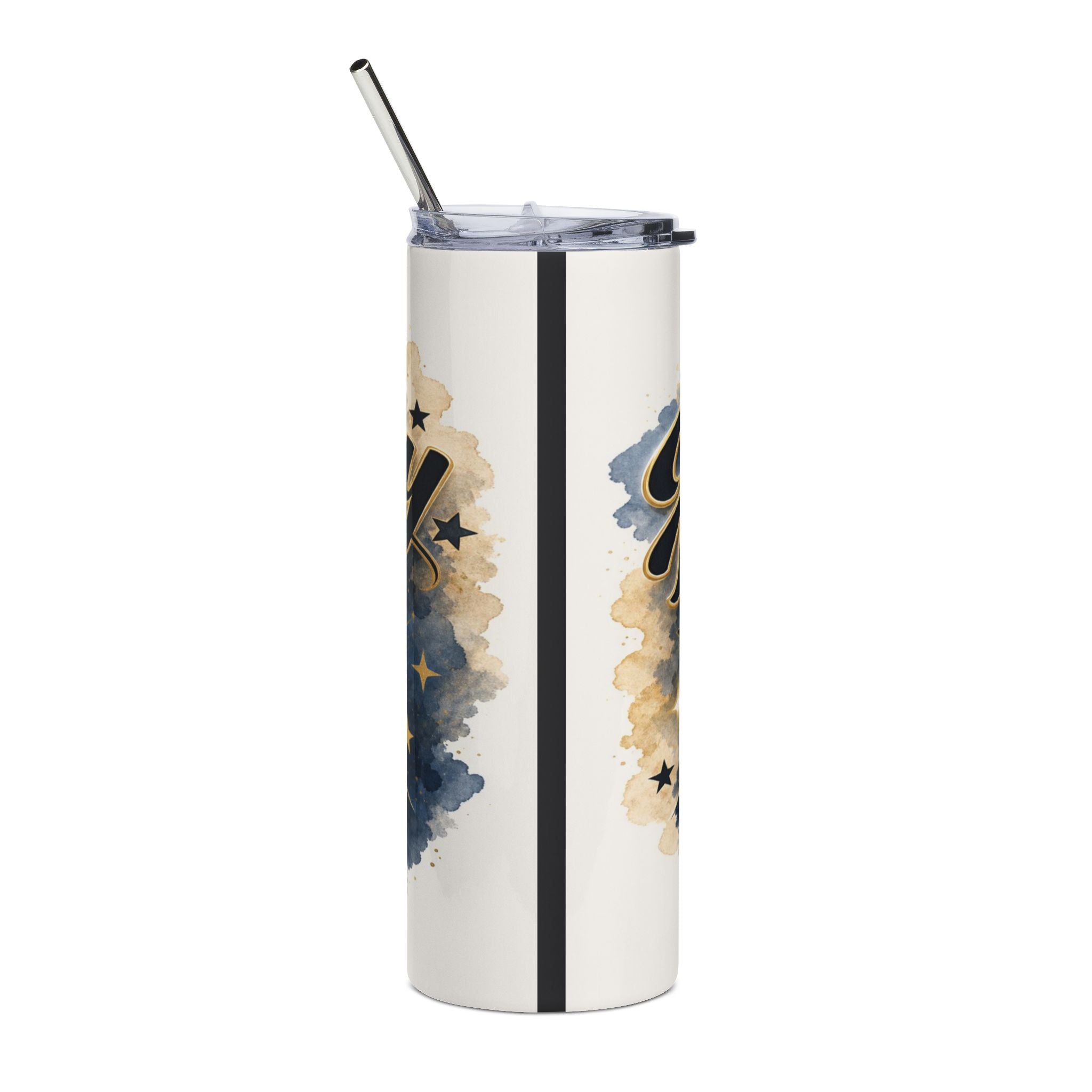 White tumbler with watercolor stars and gold script text.