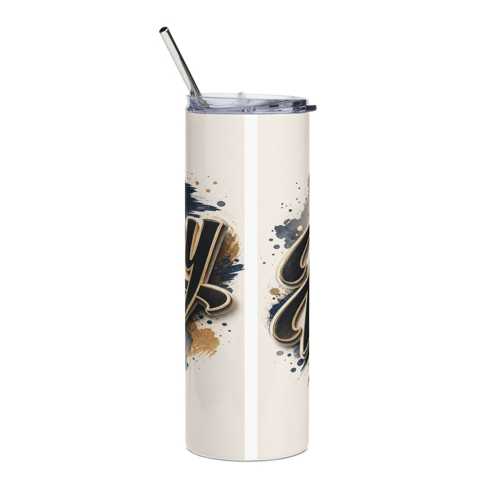 Cream tumbler with black and gold script text and paint splatters, includes straw.