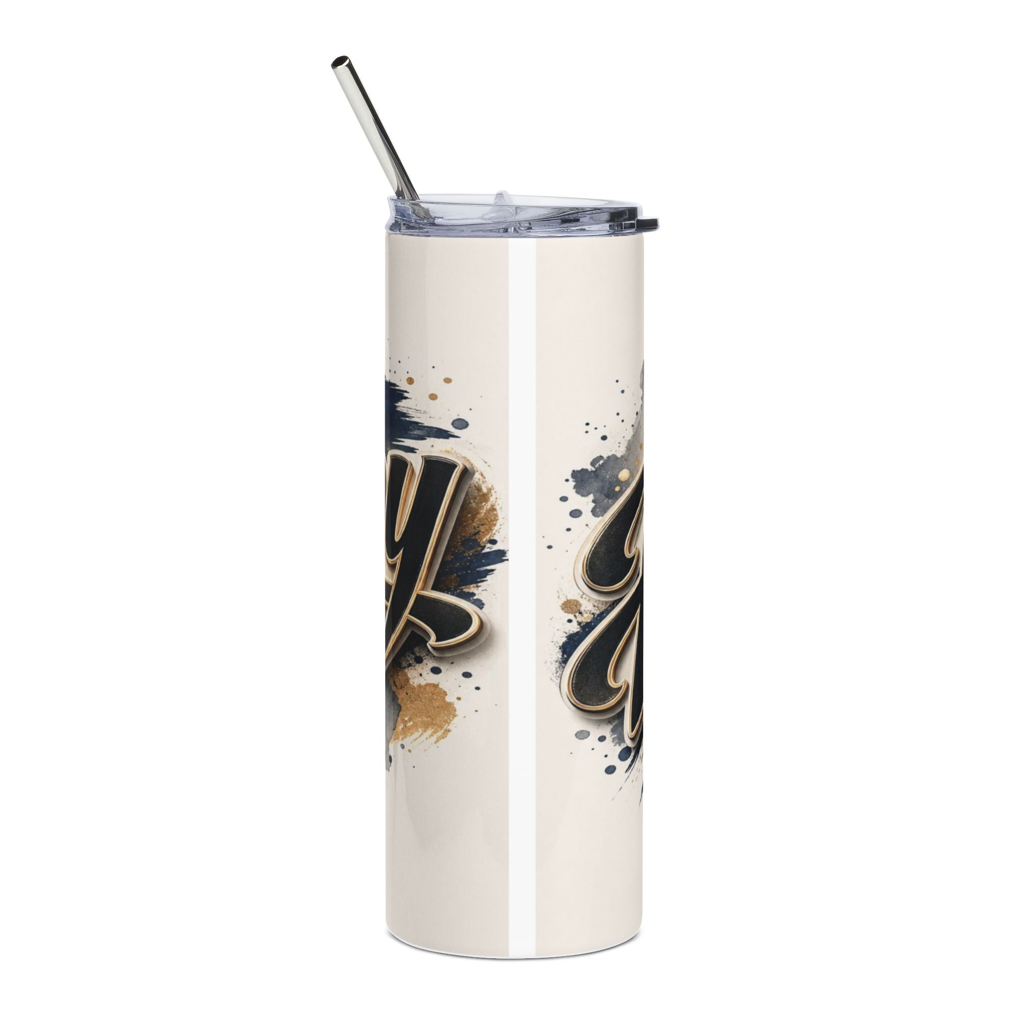 Cream tumbler with black and gold script text and paint splatters, includes straw.