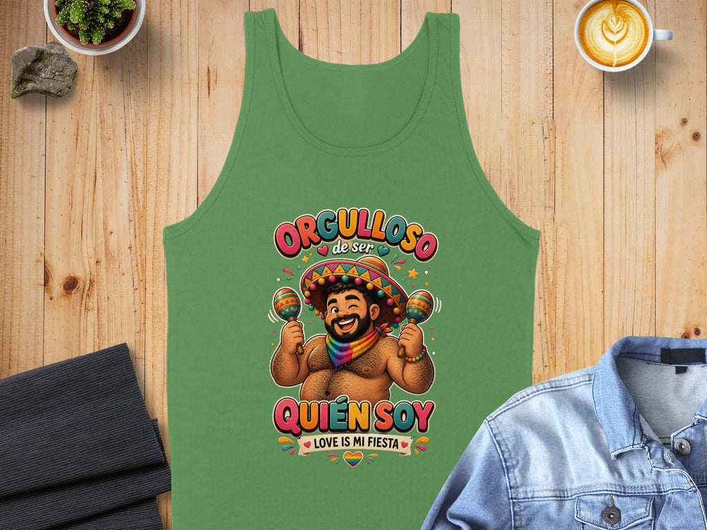 Green tank top with "Orgulloso de ser quien soy" and maracas graphic.
