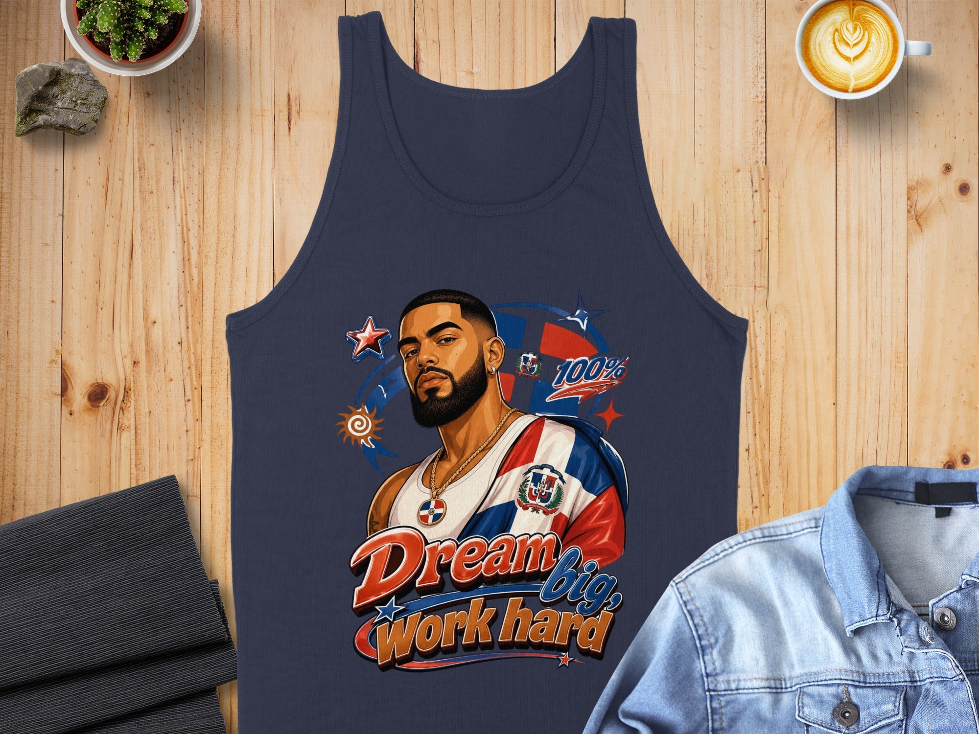 Dark blue tank top with a man wearing a Dominican Republic flag bandana and "Dream Big, Work Hard" text.