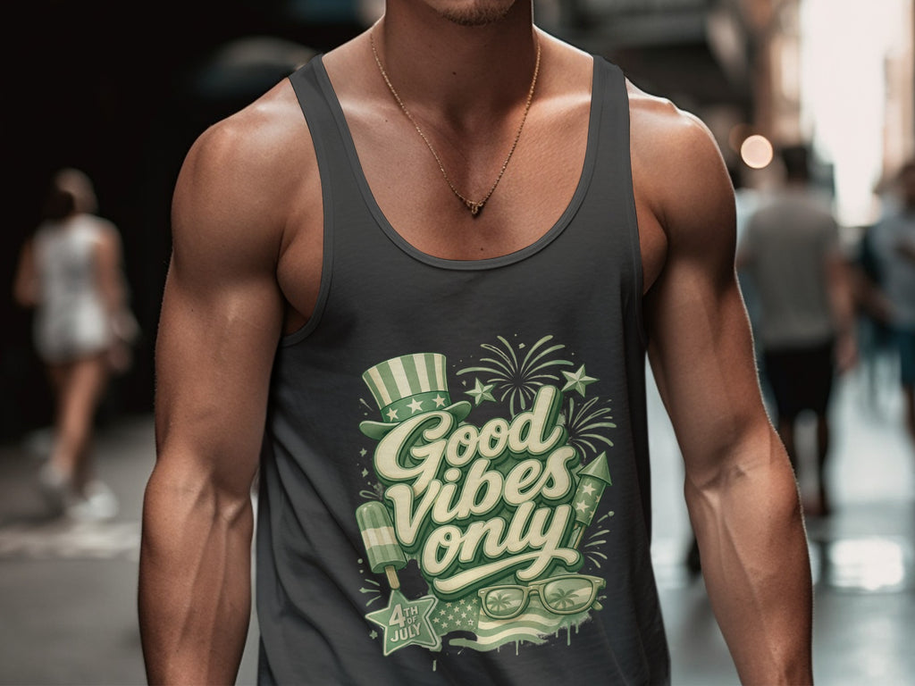 Dark grey tank top with "Good Vibes Only 4th of July" graphic.