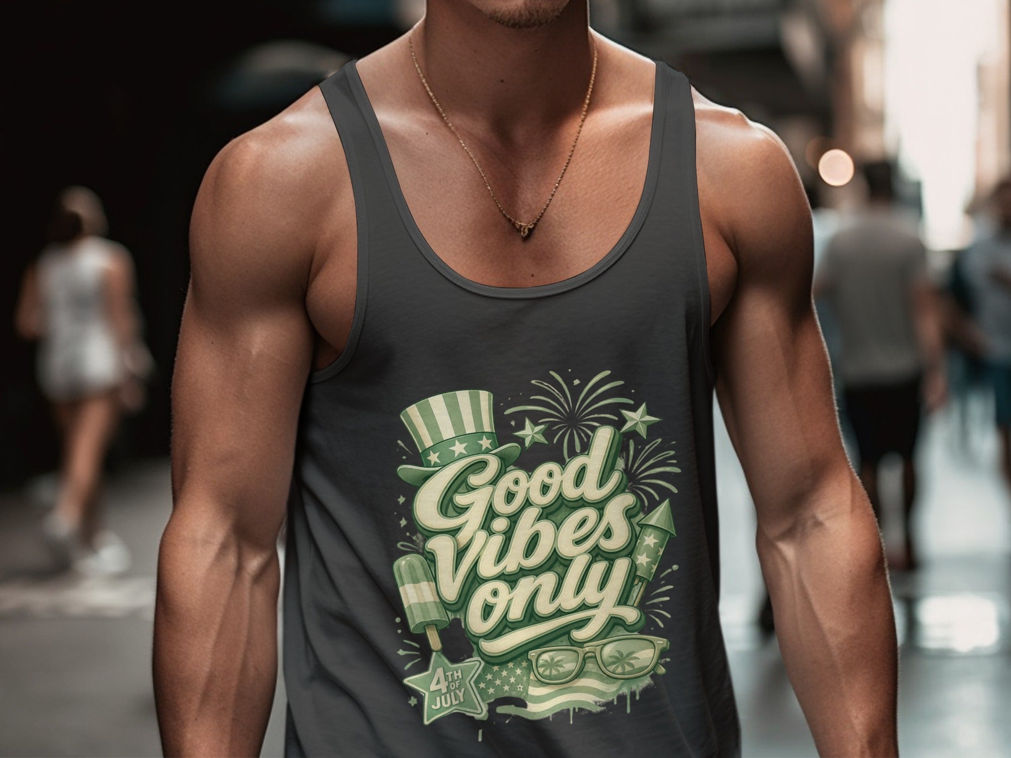 Dark grey tank top with "Good Vibes Only 4th of July" graphic.