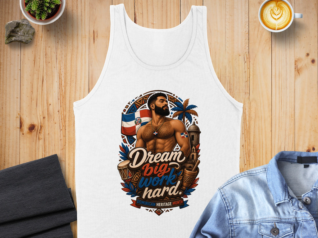 White tank top featuring Dominican flag and "Dream Big Work Hard" text.