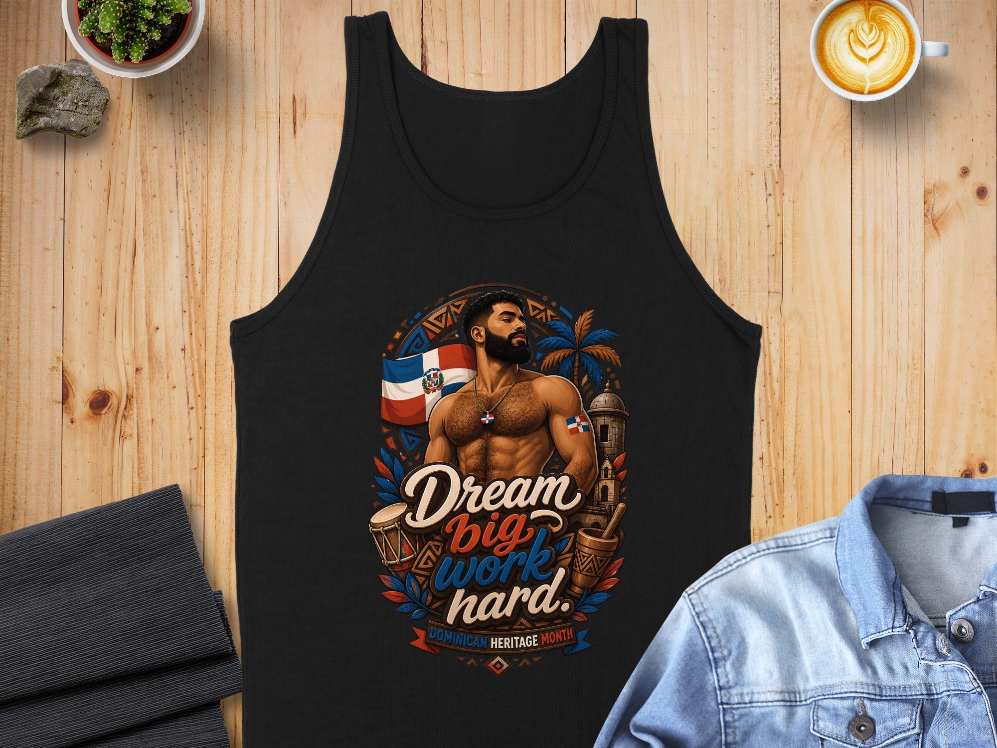Black tank top with "Dream Big Work Hard" text and Dominican flag motif.