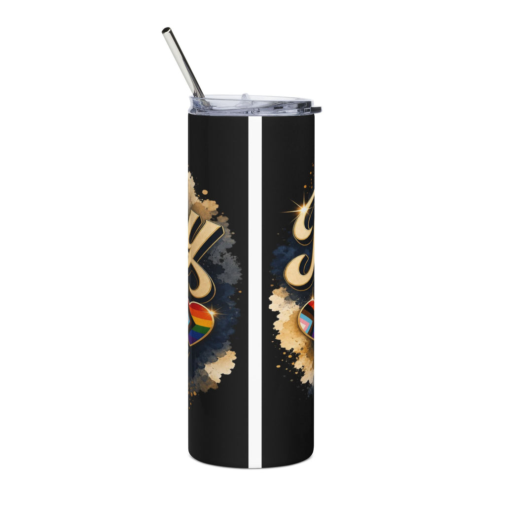 Black tumbler with rainbow and pride heart designs and a metal straw.