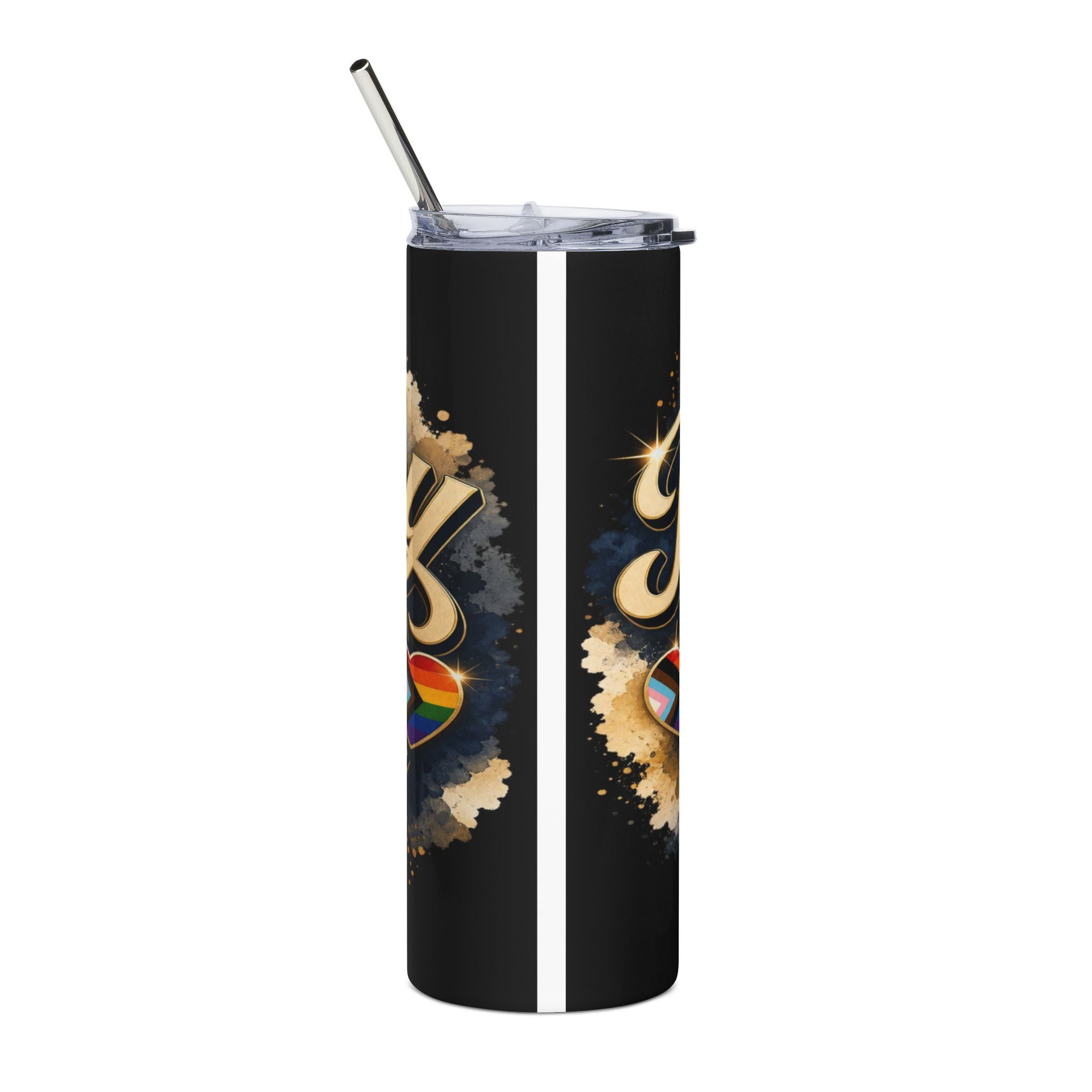 Black tumbler with rainbow and pride heart designs and a metal straw.
