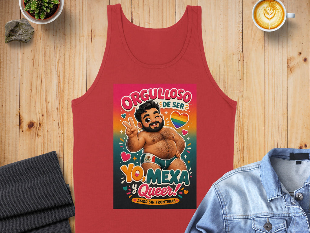 Red tank top with "Orgulloso de ser YO MEXA" text and pride heart.