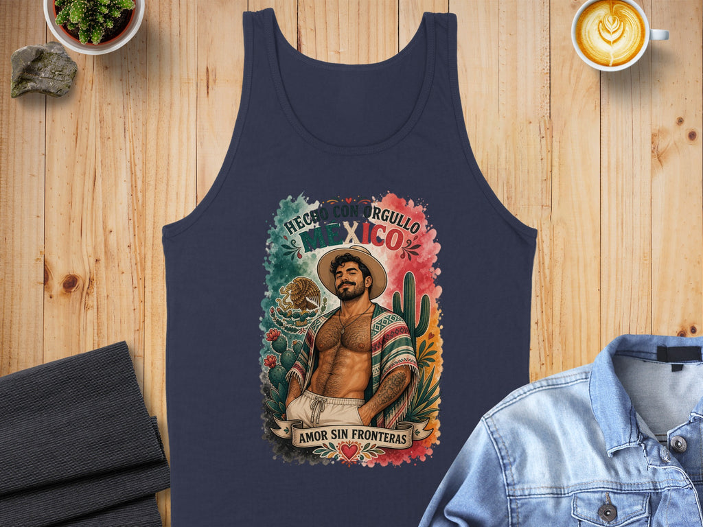 Tank top with "Hecho con orgullo Mexico Amor sin fronteras" text and a man in a sombrero.