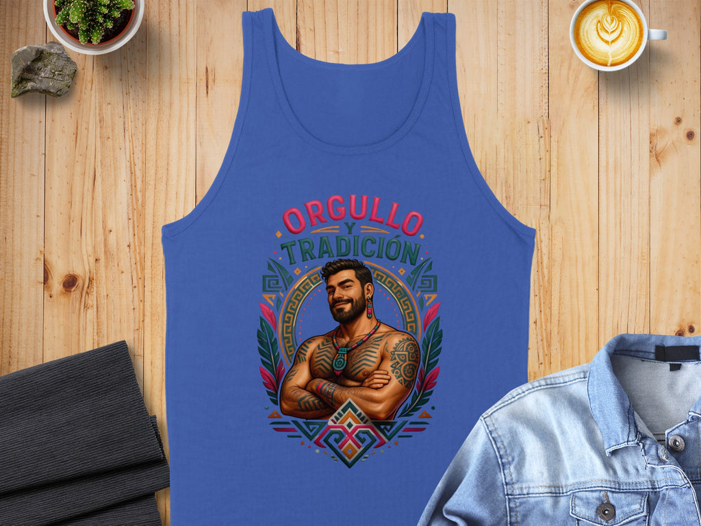 Blue tank top with "Orgullo y Tradicion" and illustrated man.