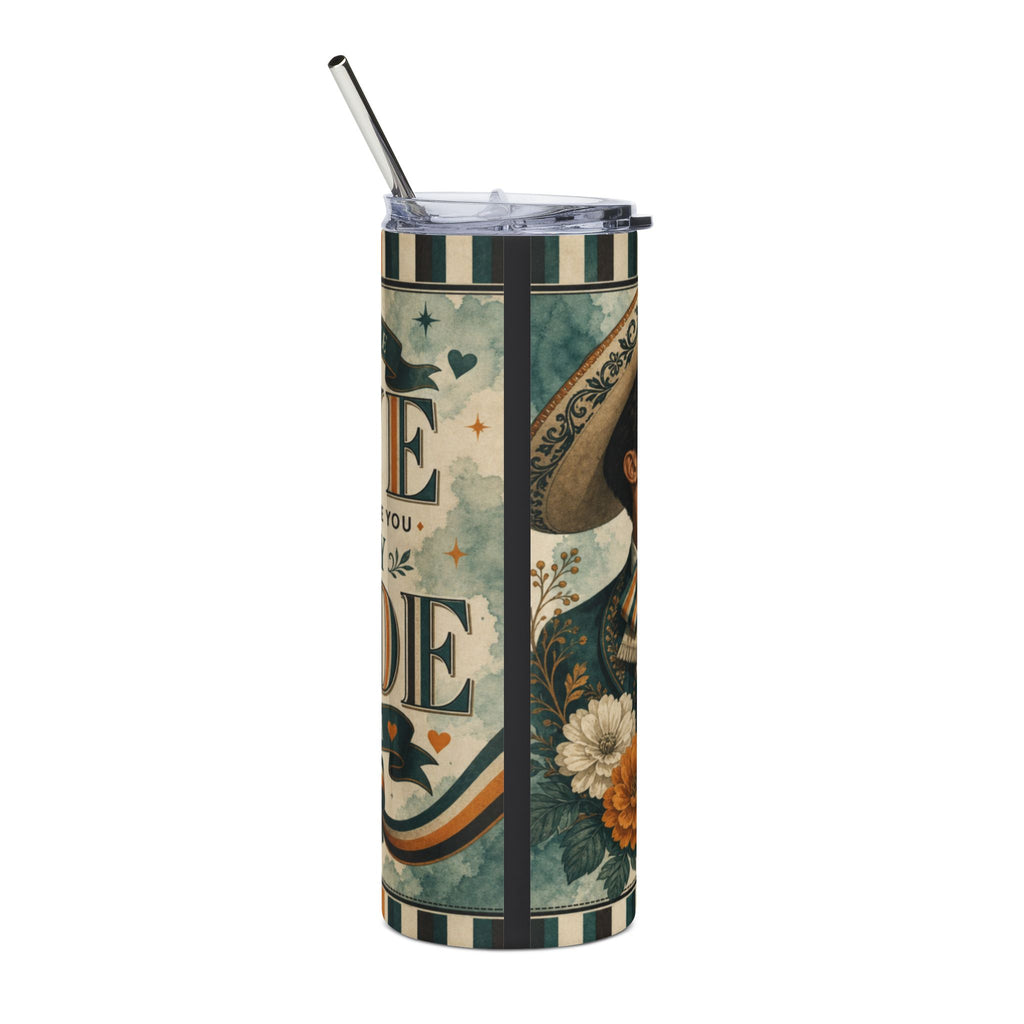 Tumbler with floral and vintage lettering design.