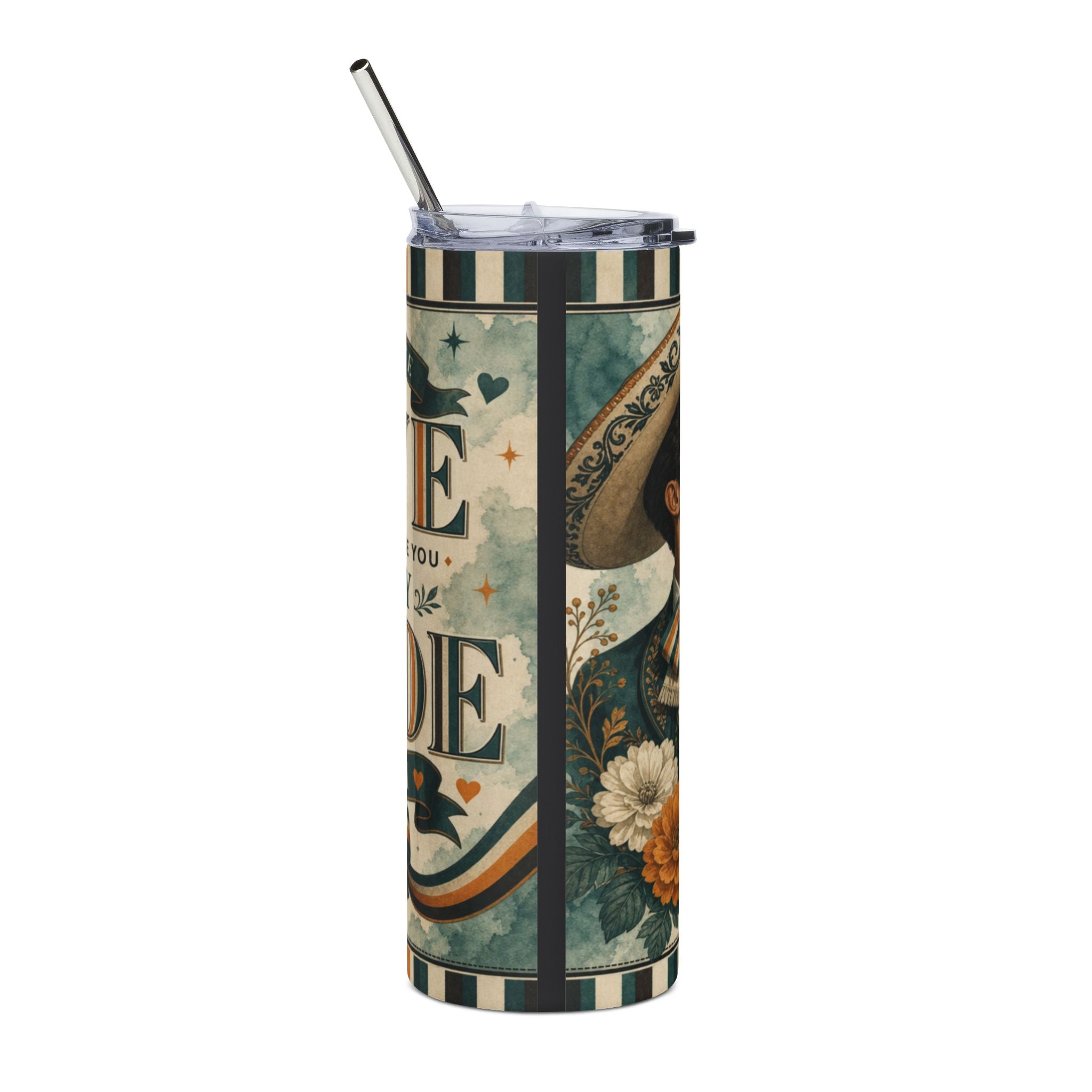 Tumbler with floral and vintage lettering design.