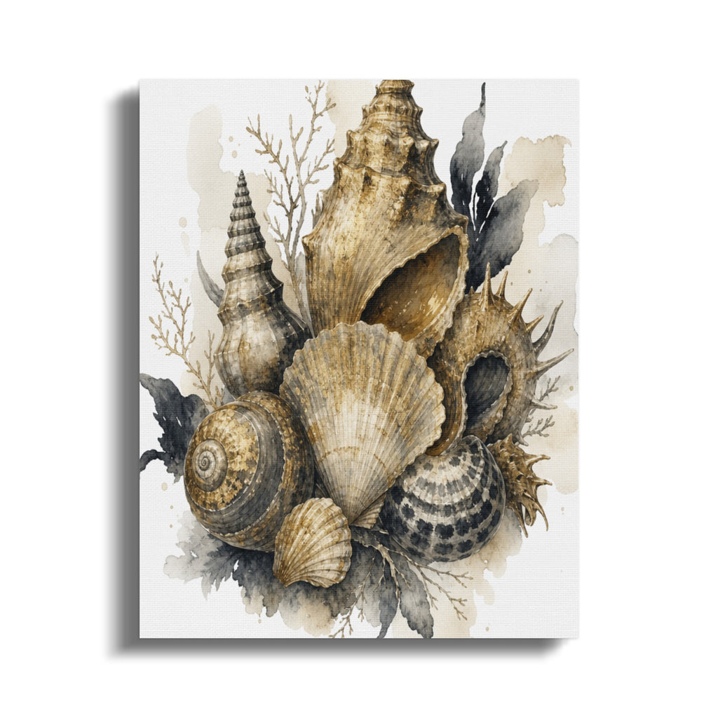 Watercolor arrangement of diverse seashells and sea elements on a textured background.