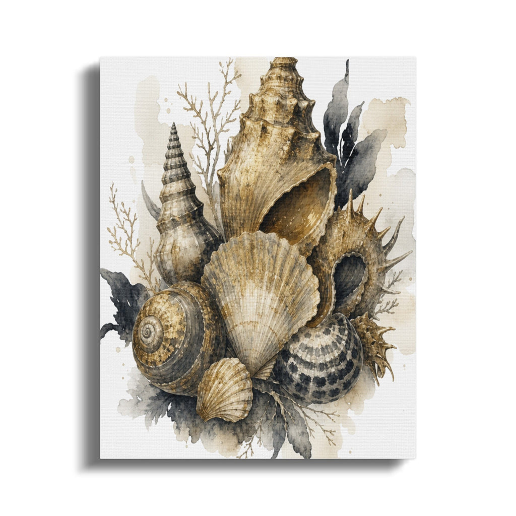Watercolor arrangement of diverse seashells and sea elements on a textured background.