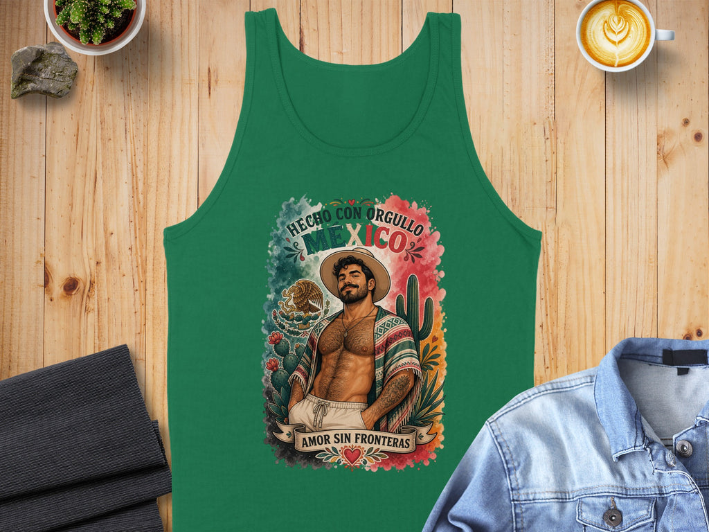Green tank top with a Mexican-themed graphic of a man with text.