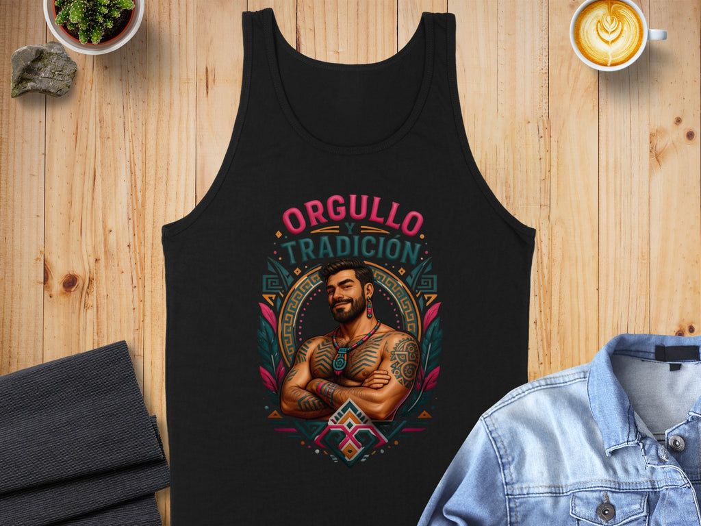 Black tank top featuring man with tattoos and "Orgullo Tradicion" text.