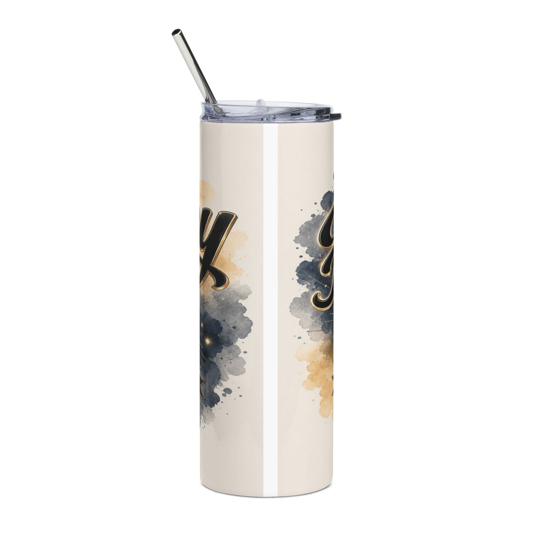 Tumbler with watercolor splatters and gold-trimmed text.