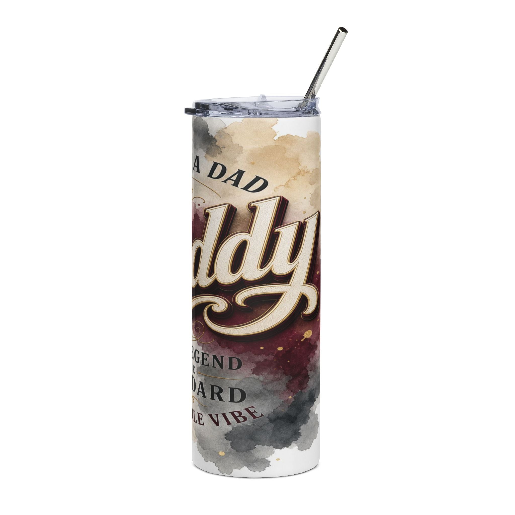 Tumbler with text "A Dad Legend Standard Whole Vibe" and watercolor background.