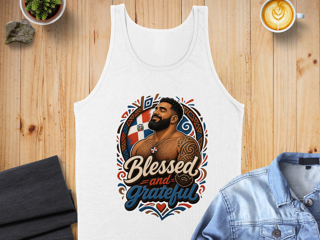 White tank top with "Blessed and Grateful" text and Dominican Republic flag emblem.