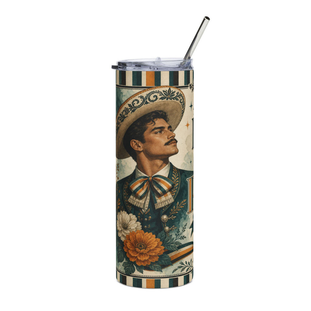 Man in festive suit and hat with flowers on a tumbler with straw.