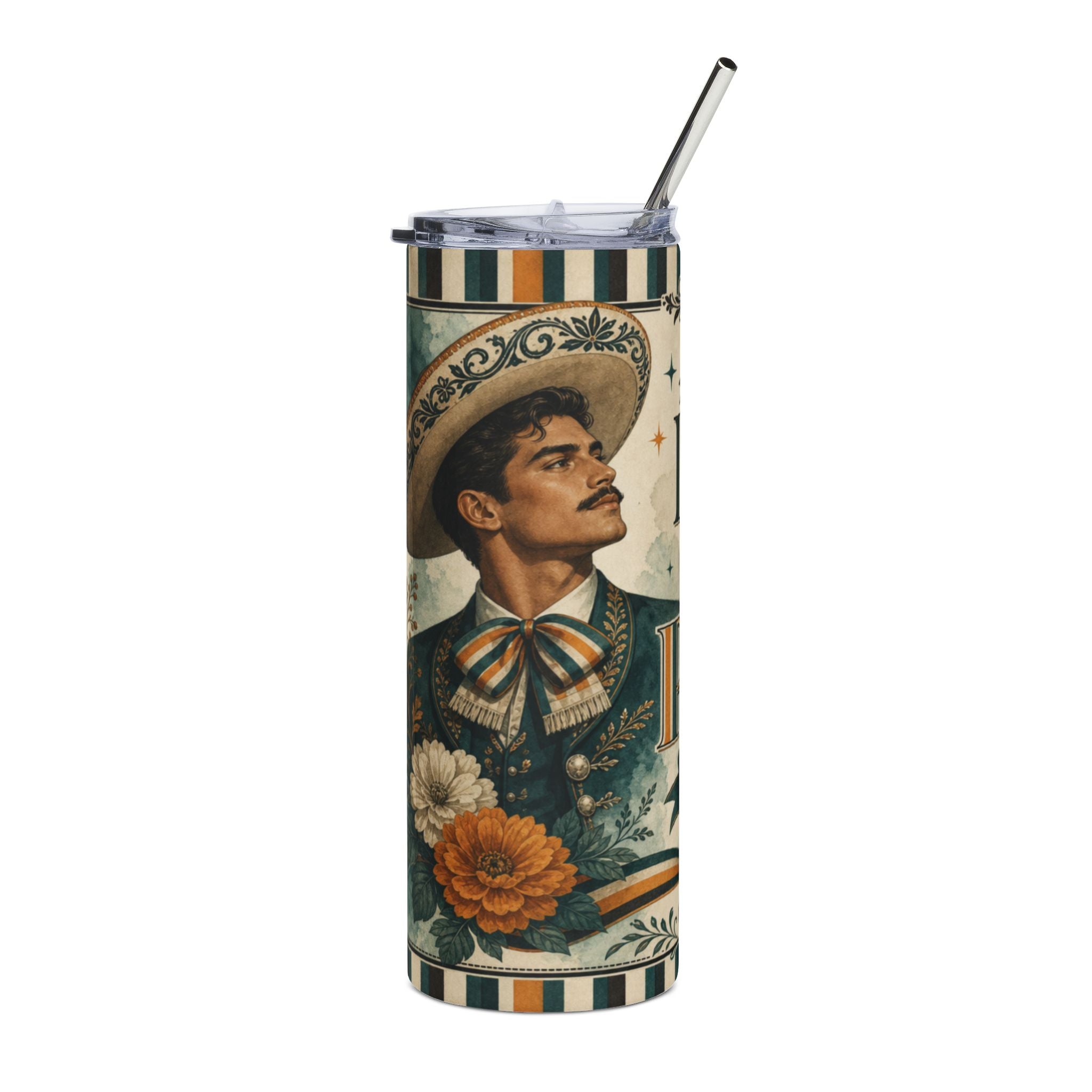 Man in festive suit and hat with flowers on a tumbler with straw.