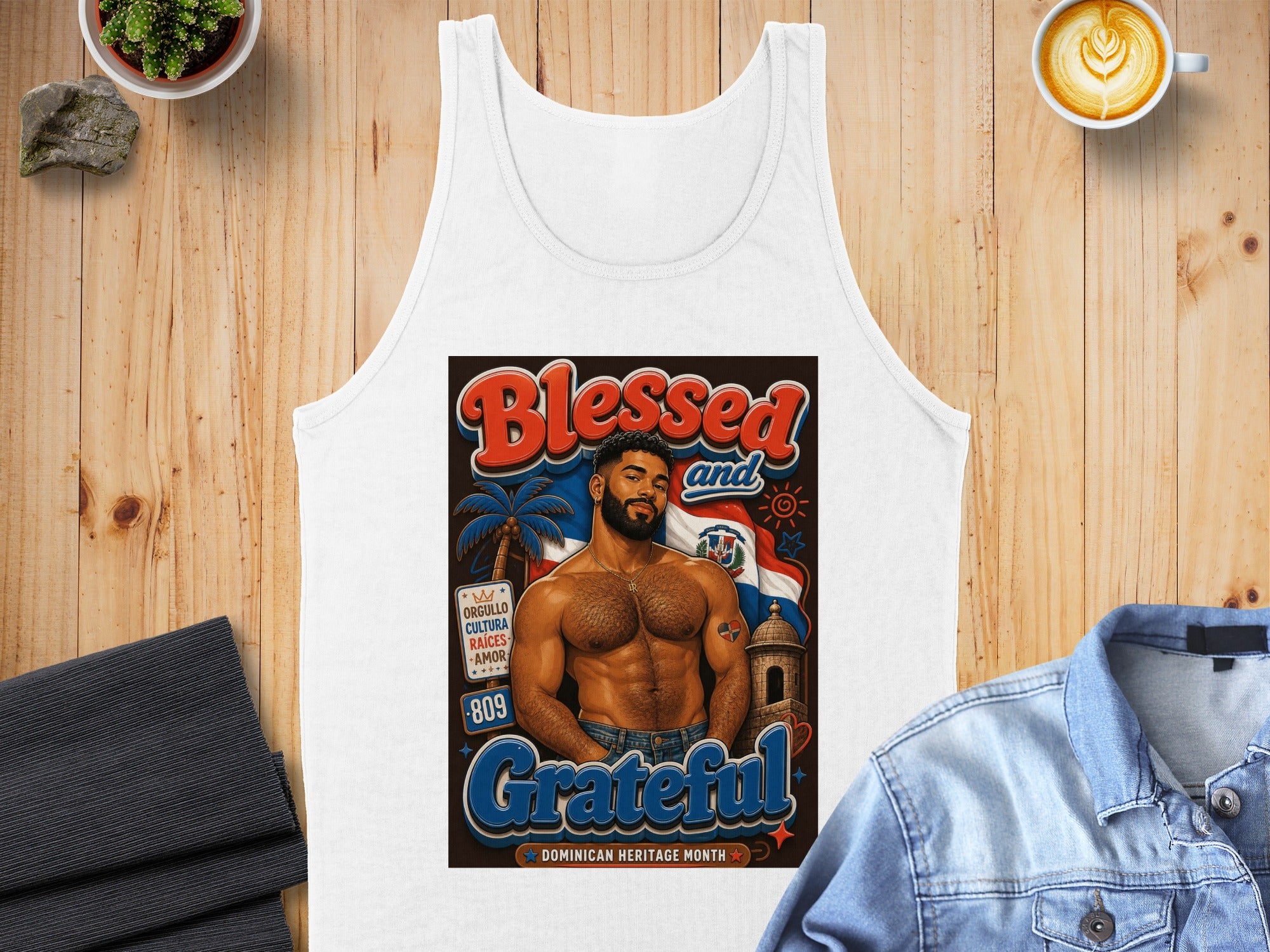 White tank top with "Blessed and Grateful" and Dominican flag design.