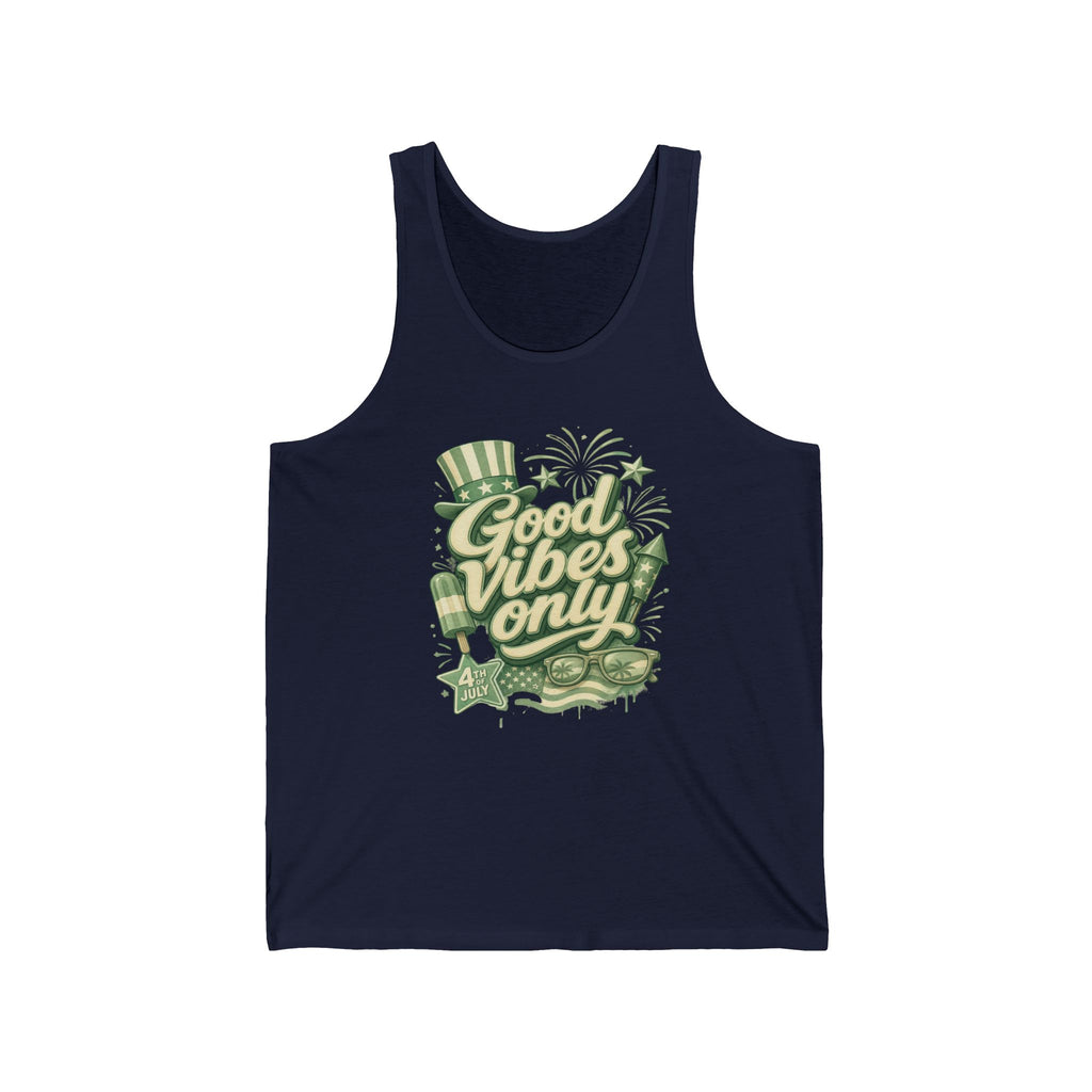 Dark navy tank top with "Good Vibes Only" and 4th of July themed graphics.