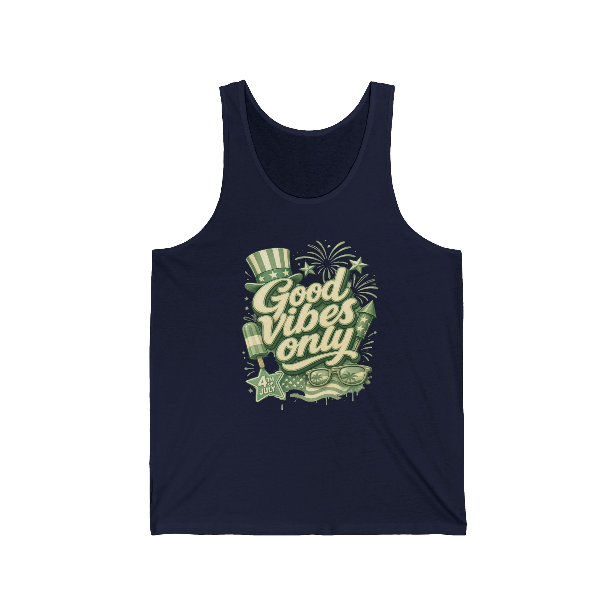 Dark navy tank top with "Good Vibes Only" and 4th of July themed graphics.