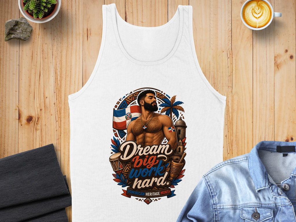 White tank top with "Dream Big Work Hard" design featuring Dominican flag and imagery.