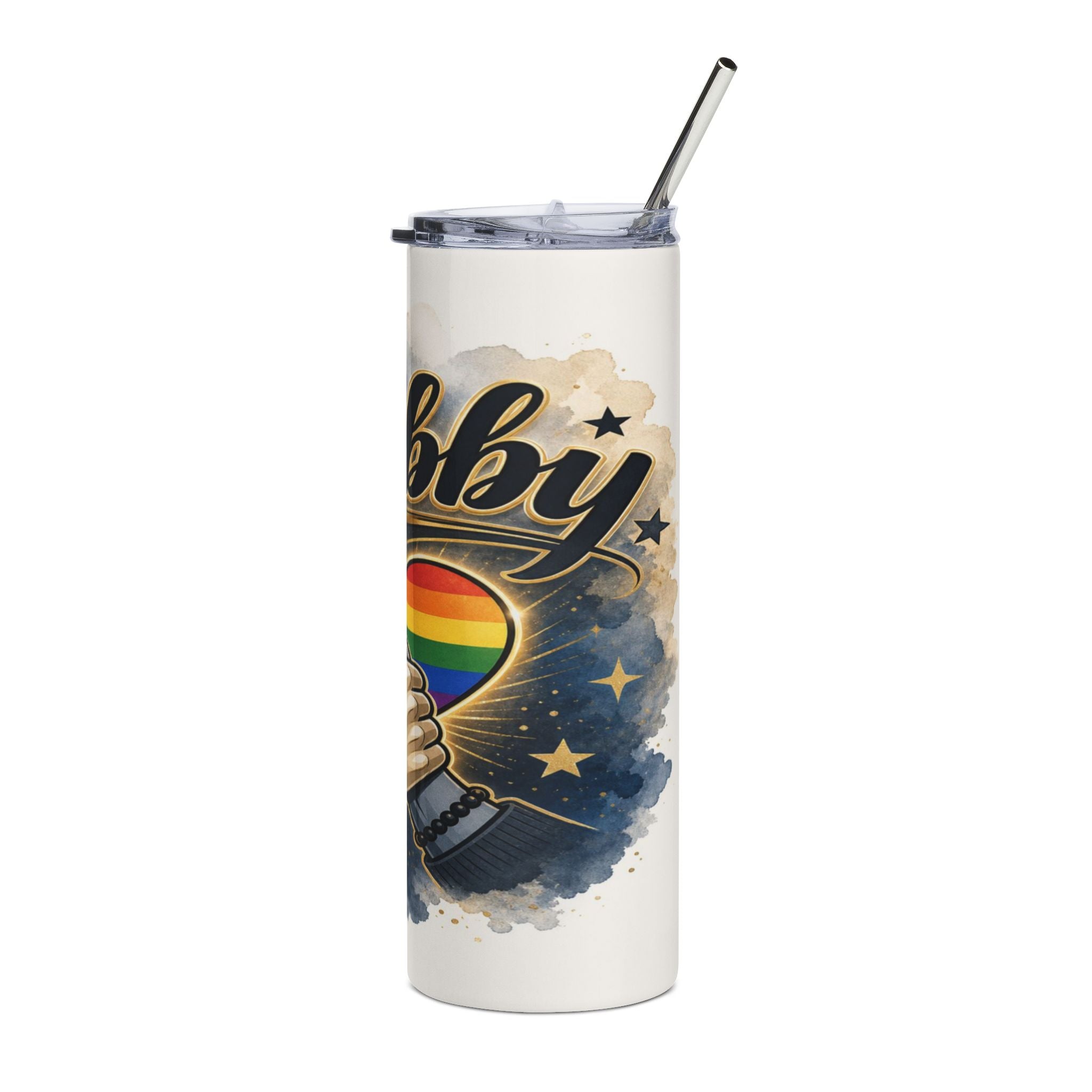 White tumbler with rainbow heart, stars, and "by" text.