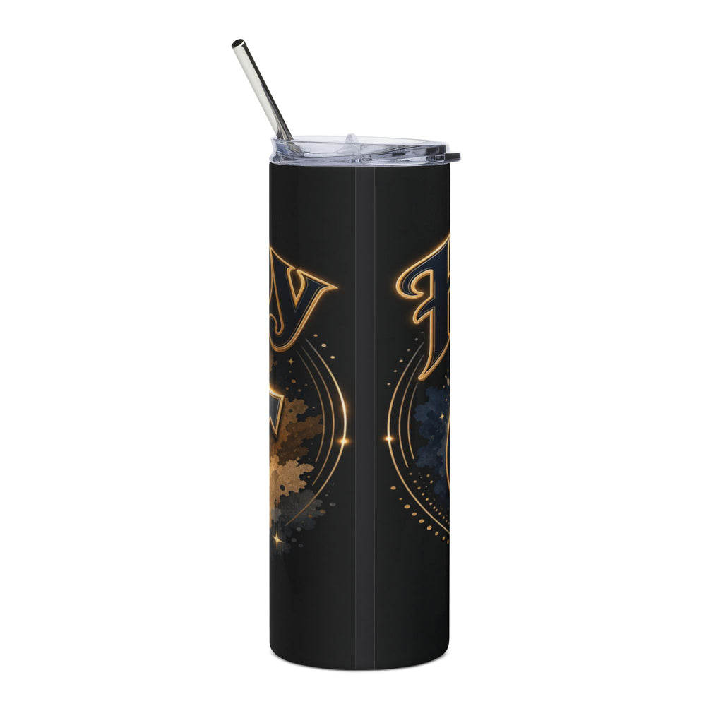 Black tumbler with ornate gold lettering and cosmic design, includes metal straw.